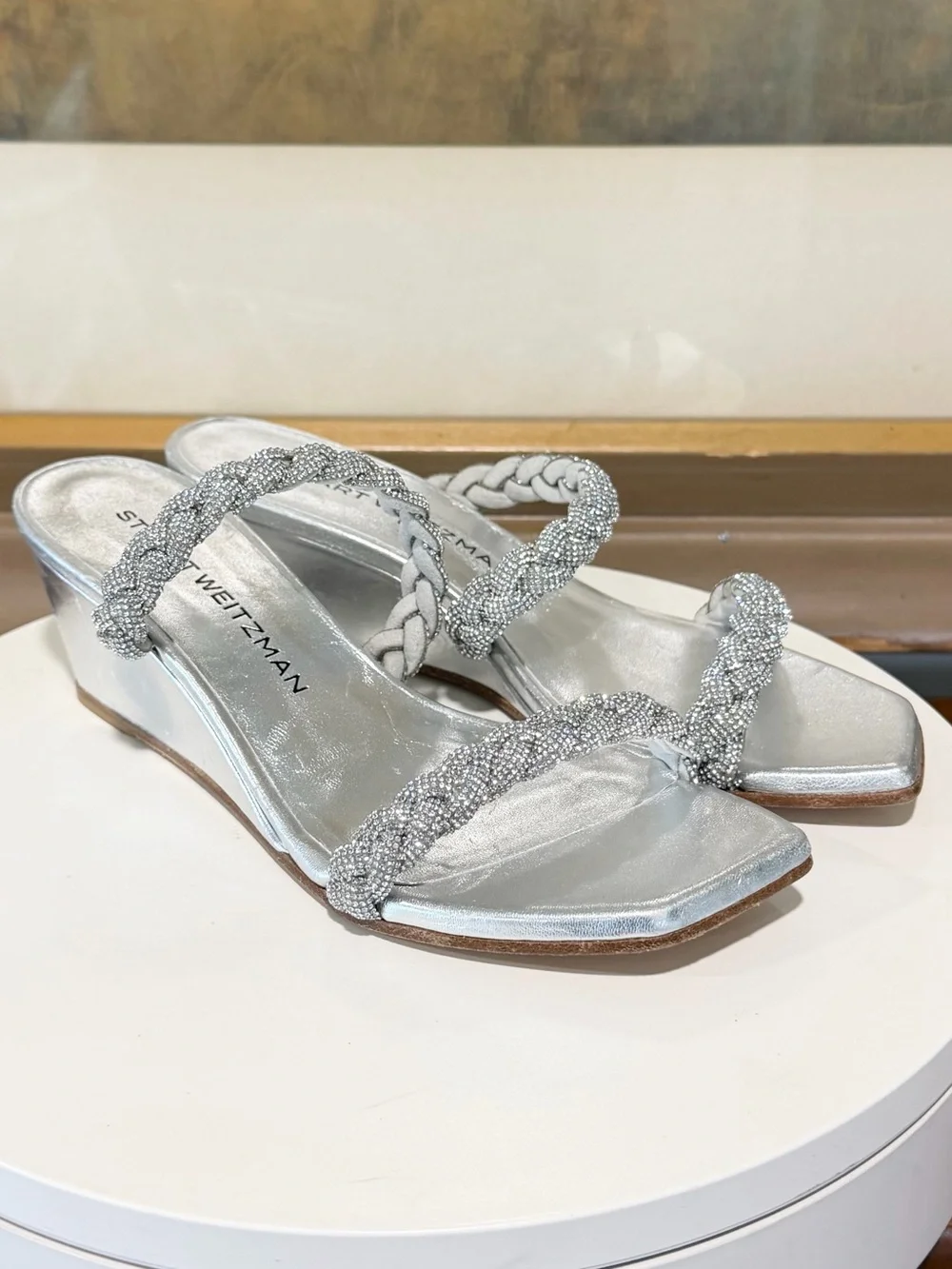 🌹STUART WEITZMAN🌹 Highshine Crystal Braid Wedge Sandals In Silver Size: 5.5 B - Picture 5 of 16